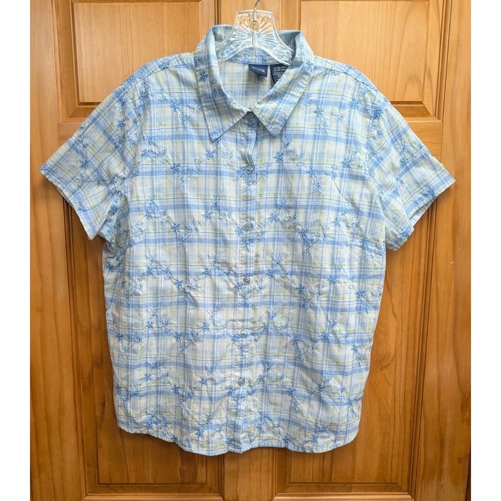 Basic Editions Women Size XL Shirt Button-Down Front 3/4 Sleeves Top Embroidered